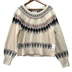 Lucky Brand Womens Nordic Fair Isle Raglan Crew Sweater Jumper Cream‎ Ski Boho
